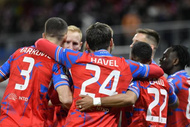 FC Viktoria Plzen players celebrate the first goal in the football Europa League 7th round match FC Viktoria Plzen vs RSC Anderlecht Brussels in Pilsen, Czech Republic, January 23, 2025. (CTKxPhoto MiroslavxChaloupka) CTKPhotoP2025012307599  CTKPhotoP2025012307599