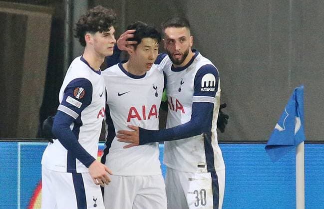23 01 2025, xmohx, Football UEFA Europa League, TSG 1899 Hoffenheim Tottenham Hotspur emspor, v l Tottenham celebrates the 0 2 by Heung Min Son DFL DFB REGULATIONS PROHIBIT ANY USE OF PHOTOGRAPHS as IMAGE SEQUENCES and or QUASI VIDEO Sinsheim