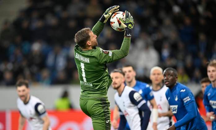 Penalty area scene, goal area scene Goalkeeper Oliver Baumann TSG 1899 Hoffenheim 01 Action TSG 1899 Hoffenheim vs Tottenham Hotspur Spurs 23 01 2025 DFL REGULATIONS PROHIBIT ANY USE OF PHOTOGRAPHS AS IMAGE SEQUENCES AND OR QUASI VIDEO TSG 1899 Hoffenheim vs Tottenham Hotspur