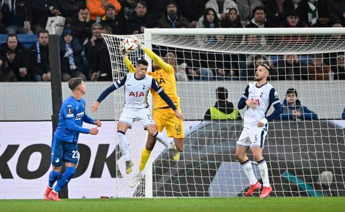 Penalty area scene, Goal area scene Goalkeeper Brandon Austin Tottenham Hotspur Spurs 40 Action Pedro Porro Tottenham Hotspur Spurs 23 Radu Dragusin Tottenham Hotspur Spurs 06 Adam Hlozek TSG 1899 Hoffenheim 23 TSG 1899 Hoffenheim vs Tottenham Hotspur Spurs 23 01 2025 DFL REGULATIONS PROHIBIT ANY USE OF PHOTOGRAPHS AS IMAGE SEQUENCES AND OR QUASI VIDEO TSG 1899 Hoffenheim vs Tottenham Hotspur