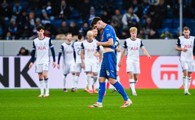 Anton Stach TSG 1899 Hoffenheim looks dejected during the UEFA Europa League 2024 25 League Phase MD7 match between TSG 1899 Hoffenheim v Tottenham Hotspur at PreZero Arena on January 23, 2025 in Hoffenheim, Germany Photo by Silas Schueller DeFodi Images Defodi 738 738 HOFTOT 20250123 138 Defodi-738