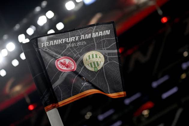 23 01 2025, xjhx, Football UEFA Europa League, Eintracht Frankfurt Ferencvaros Budapest emspor, v l Interior, Lawn, Tributes, Tribune, Pitch Corner Flag Logo DFL DFB REGULATIONS PROHIBIT ANY USE OF PHOTOGRAPHS as IMAGE SEQUENCES and or QUASI VIDEO Frankfurt am Main