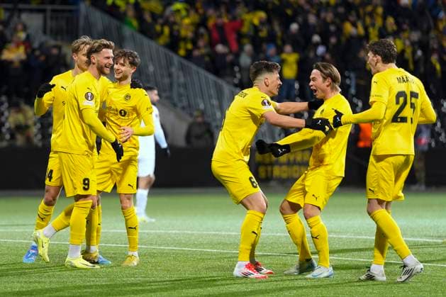 UEFA Europa League 2024 2025 Bodo Glimt Maccabi Tel Aviv Bodo 20250123 Bodo Glimt s cheers after scoring by Haakon Evjen during the UEFA Europa League match between Bodo Glimt and Maccabi Tel Aviv at Aspmyra Stadium Photo Lise Aaserud NTB Bodo Norway EDITORIAL USE ONLY RESTRICTED USE FOR BETTING COMPANIES  Copyright: xLisexAaserudx xNTBx