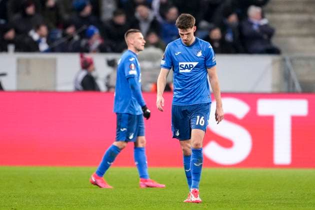 from left Pavel Kaderabek Hoffenheim, 3 , Anton Stach Hoffenheim, 16 , TSG 1899 Hoffenheim player, looking disappointed, disappointment, frustration, disappointed, pessimistic, after conceding the 1 3 goal, action, action, Match scene, 23 01 2025, Sinsheim Germany , Soccer, UEFA Europa League, Group stage, TSG 1899 Hoffenheim Tottenham Hotspur, EVENT REGULATIONS PROHIBIT ANY USE OF PHOTOGRAPHS AS IMAGE SEQUENCES AND OR QUASI VIDEO xozx