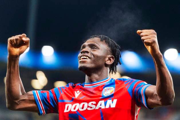 Prince Kwabena Adu of Pilsen celebrates a goal during the football Europa League 7th round match FC Viktoria Plzen vs RSC Anderlecht Brussels in Pilsen, Czech Republic, January 23, 2025. (CTKxPhoto MiroslavxChaloupka) CTKPhotoP2025012308394  CTKPhotoP2025012308394