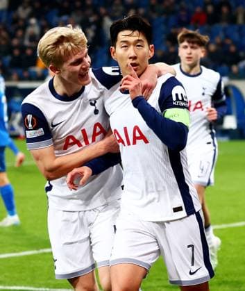 Son Heung-Min of Tottenham Hotspur celebrates scoring a goal after making the score 1-3. Hoffenheim v Tottenham Hotspur, UEFA Europa League, Group Stage, Football, PreZero Arena, Sinsheim, Germany - 23 Jan 2024 EDITORIAL USE ONLY No use with unauthorised audio, video, data, fixture lists, club league logos or live services. Online in-match use limited to 120 images, no video emulation. No use in betting, games or single club league player publications. Copyright: xJamesxMarsh Shutterstockx 15108921ce