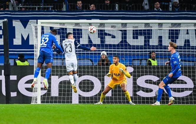 David Mokwa TSG 1899 Hoffenheim scores his team s second goal during the UEFA Europa League 2024 25 League Phase MD7 match between TSG 1899 Hoffenheim v Tottenham Hotspur at PreZero Arena on January 23, 2025 in Hoffenheim, Germany Photo by Silas Schueller DeFodi Images Defodi 738 738 HOFTOT 20250123 197 Defodi-738