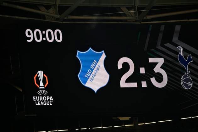 Scoreboard Final Score 2 3 TSG 1899 Hoffenheim vs Tottenham Hotspur Spurs 23 01 2025 DFL REGULATIONS PROHIBIT ANY USE OF PHOTOGRAPHS AS IMAGE SEQUENCES AND OR QUASI VIDEO TSG 1899 Hoffenheim vs Tottenham Hotspur