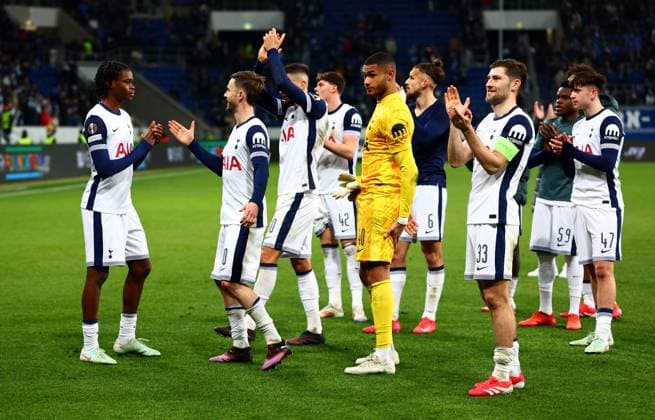 Tottenham Hotspur players at full time. Hoffenheim v Tottenham Hotspur, UEFA Europa League, Group Stage, Football, PreZero Arena, Sinsheim, Germany - 23 Jan 2024 EDITORIAL USE ONLY No use with unauthorised audio, video, data, fixture lists, club league logos or live services. Online in-match use limited to 120 images, no video emulation. No use in betting, games or single club league player publications. Copyright: xJamesxMarsh Shutterstockx 15108921cz
