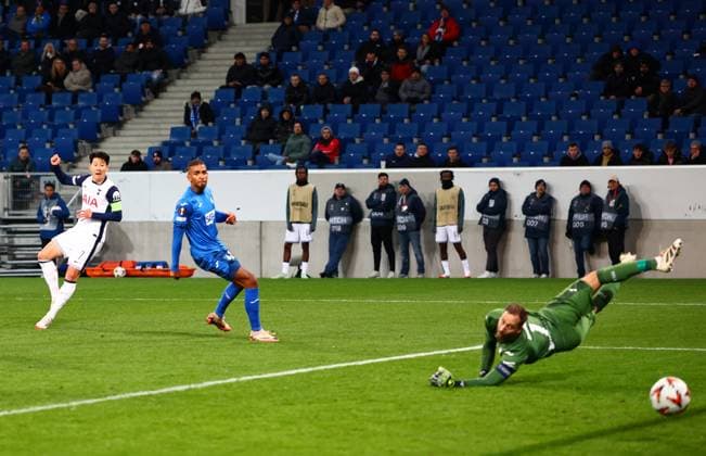 Son Heung-Min of Tottenham Hotspur scores a goal to make the score 1-3. Hoffenheim v Tottenham Hotspur, UEFA Europa League, Group Stage, Football, PreZero Arena, Sinsheim, Germany - 23 Jan 2024 EDITORIAL USE ONLY No use with unauthorised audio, video, data, fixture lists, club league logos or live services. Online in-match use limited to 120 images, no video emulation. No use in betting, games or single club league player publications. Copyright: xJamesxMarsh Shutterstockx 15108921cw