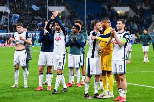 Ben Davies Tottenham Hotspur , Brandon Austin Tottenham Hotspur , James Maddison Tottenham Hotspur , Rodrigo Bentancur Tottenham Hotspur , Dante Cassanova Tottenham Hotspur and William Lankshear Tottenham Hotspur celebrate the win after the UEFA Europa League 2024 25 League Phase MD7 match between TSG 1899 Hoffenheim v Tottenham Hotspur at PreZero Arena on January 23, 2025 in Hoffenheim, Germany Photo by Silas Schueller DeFodi Images Defodi 738 738 HOFTOT 20250123 208 Defodi-738