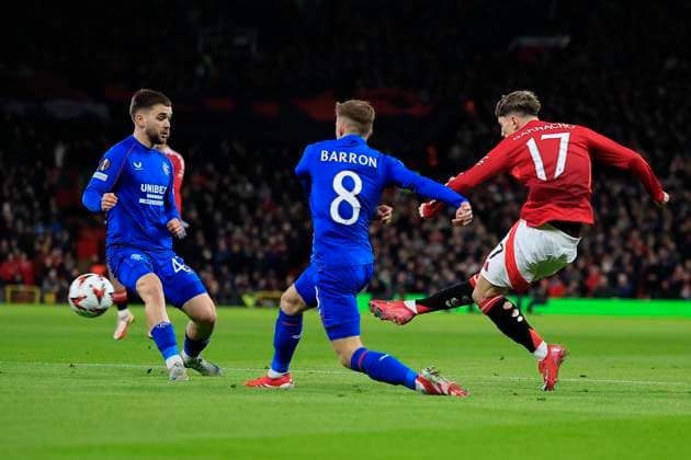 Manchester United, ManU v Rangers Europa League 23 01 2025. Alejandro Garnacho (17) of Manchester United has a shot on goal during the Europa League match between Manchester United and Rangers at Old Trafford, Manchester, England on 23 January 2025. Manchester Old Trafford Greater Manchester England Editorial use only , Copyright: xConorxMolloyx PSI-21295-0025
