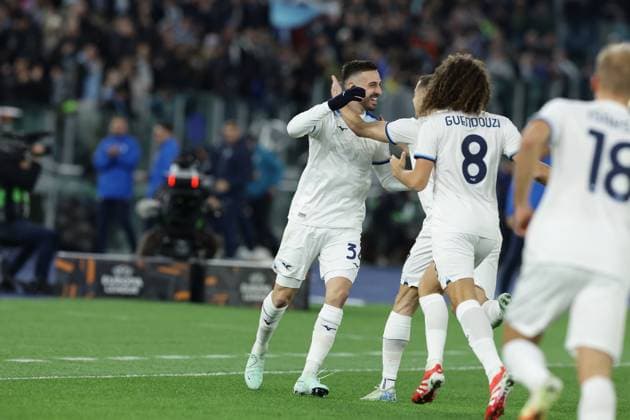 Lazioâ??s Spanish defender Mario Gila celebrates after scoring a goal during UEFA Europa League phase match day 7 match between SS Lazio vs Real Sociedad at Olimpico stadium on January 23, 2025 in Rome, Italy.  Copyright: xAntonioxBalasco IPAxSportx xipa-agency.netx xx IPA_53254132 IPA_Agency_IPA53254132