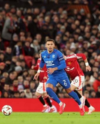 Rangers captain James Tavernier on the ball during the Europa League group phase match at Old Trafford, Manchester. Manchester United, ManU v Rangers, UEFA Europa League, Group Stage, Football, Old Trafford, Manchester, UK - 23 Jan 2025 EDITORIAL USE ONLY No use with unauthorised audio, video, data, fixture lists, club league logos or live services. Online in-match use limited to 120 images, no video emulation. No use in betting, games or single club league player publications. Copyright: xRangersxFC Shutterstockx 15111693dl