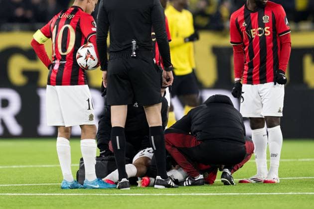250123 Badredine Bouanani of Nice in pain during the Europa League football match between Elfsborg and Nice on January 23, 2025 in Boras. Photo: Jörgen Jarnberger BILDBYRAN COP 112 JJ0433 fotboll football soccer fotball uefa europa league europa league elfsborg nice bbeng skada  Copyright: JÖRGENxJARNBERGER BB250123JJ012