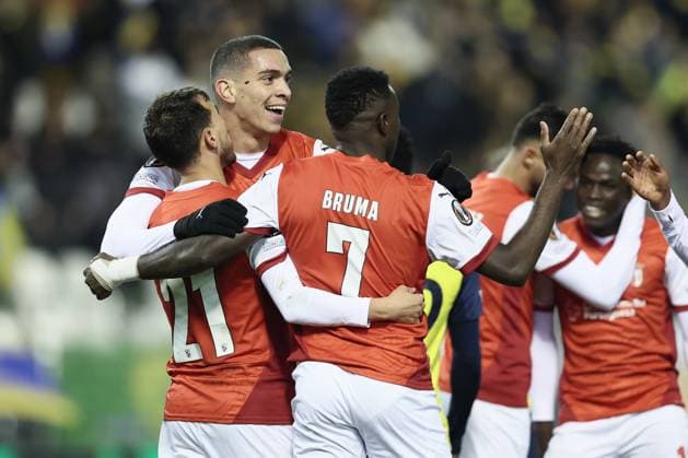 Amine El Ouazzani celebrates after scoring during a soccer game between Belgian soccer team Royale Union Saint-Gilloise and Portugese Braga, on Thursday 23 January 2025 in Brussels, on day 7 8 of the League phase of the UEFA Europa League tournament. BRUNOxFAHY  x111014812x