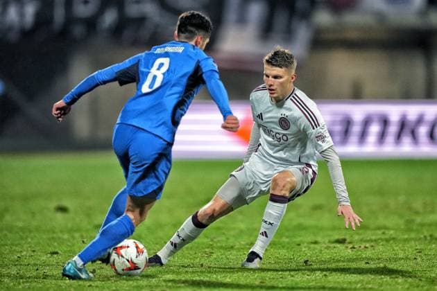 RIGA, 23-01-2025 , Daugava Stadium , football, UEFA Europa League, season 2024 2025, Match between RFS and Ajax. Ajax player Anton Gaaei and RFS player Lasha Odisharia RFS - Ajax  x27527889x Copyright: