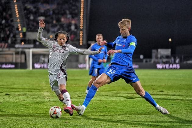 RIGA, 23-01-2025 , Daugava Stadium , football, UEFA Europa League, season 2024 2025, Match between RFS and Ajax. Ajax player Kian Fitz-Jim and RFS player Ziga Lipuscek RFS - Ajax  x27527897x Copyright: