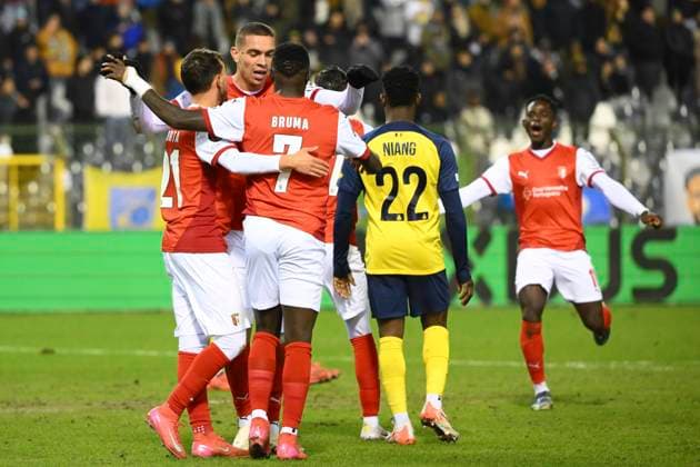 Royale Union Saint-Gilloise v Braga - UEFA Europa League BRUSSELS, BELGIUM - JANUARY 23 : Amine El Ouazzani forward of SC Braga celebrates scoring a goal during the UEFA Europa League 2024 25 League Phase MD7 match between Royale Union Saint-Gilloise and Braga on January 23, 2025 in Brussels, Belgium, 23 01 2025 Brussels Belgium  Copyright: xVincentxKalutx