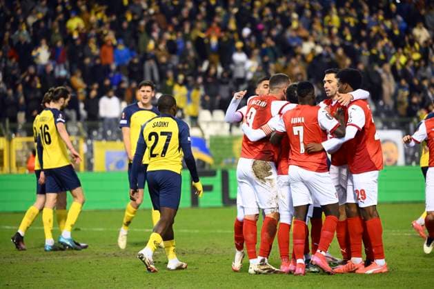 Royale Union Saint-Gilloise v Braga - UEFA Europa League BRUSSELS, BELGIUM - JANUARY 23 : Amine El Ouazzani forward of SC Braga celebrates scoring a goal during the UEFA Europa League 2024 25 League Phase MD7 match between Royale Union Saint-Gilloise and Braga on January 23, 2025 in Brussels, Belgium, 23 01 2025 Brussels Belgium  Copyright: xVincentxKalutx
