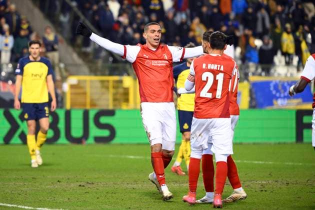 Royale Union Saint-Gilloise v Braga - UEFA Europa League BRUSSELS, BELGIUM - JANUARY 23 : Amine El Ouazzani forward of SC Braga celebrates scoring a goal during the UEFA Europa League 2024 25 League Phase MD7 match between Royale Union Saint-Gilloise and Braga on January 23, 2025 in Brussels, Belgium, 23 01 2025 Brussels Belgium  Copyright: xVincentxKalutx