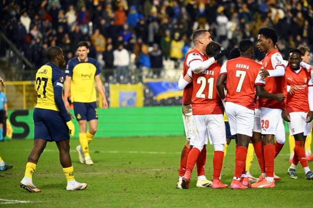 Royale Union Saint-Gilloise v Braga - UEFA Europa League BRUSSELS, BELGIUM - JANUARY 23 : Amine El Ouazzani forward of SC Braga celebrates scoring a goal during the UEFA Europa League 2024 25 League Phase MD7 match between Royale Union Saint-Gilloise and Braga on January 23, 2025 in Brussels, Belgium, 23 01 2025 Brussels Belgium  Copyright: xVincentxKalutx