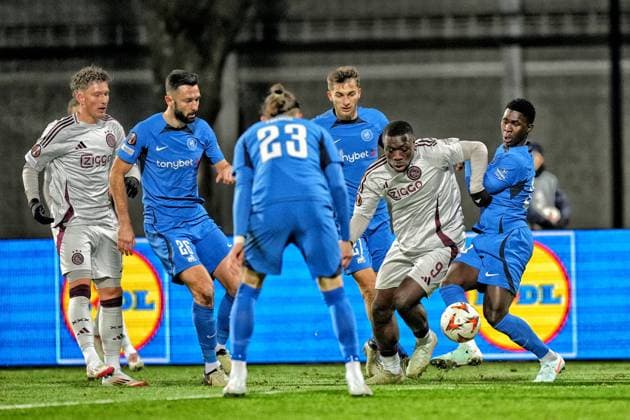 RIGA, 23-01-2025 , Daugava Stadium , football, UEFA Europa League, season 2024 2025, Match between RFS and Ajax. Ajax player Brian Brobbey and RFS player Haruna Rasid Njie (R) RFS - Ajax  x27527928x Copyright:
