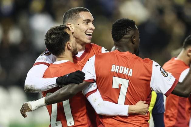 Braga s Amine El Ouazzani celebrates after scoring during a soccer game between Belgian soccer team Royale Union Saint-Gilloise and Portugese Braga, on Thursday 23 January 2025 in Brussels, on day 7 8 of the League phase of the UEFA Europa League tournament. BRUNOxFAHY  x111015247x