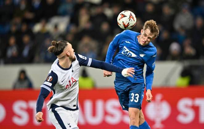 header duel duel action Max Moerstedt TSG 1899 Hoffenheim 33 vs Radu Dragusin Tottenham Hotspur Spurs 06 TSG 1899 Hoffenheim vs Tottenham Hotspur Spurs 23 01 2025 DFL REGULATIONS PROHIBIT ANY USE OF PHOTOGRAPHS AS IMAGE SEQUENCES AND OR QUASI VIDEO TSG 1899 Hoffenheim vs Tottenham Hotspur
