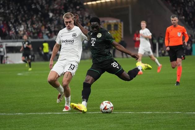 Rasmus Kristensen Eintracht Frankfurt, 13 vs Adana Traore Ferencvaros Budapest, 20 Frankfurt 23 01 2025 Eintracht Frankfurt vs Ferencvaros Budapest, Deutsche Bank Park, Europa League, Matchday 7