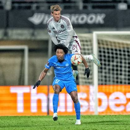 RIGA, 23-01-2025 , Daugava Stadium , football, UEFA Europa League, season 2024 2025, Match between RFS and Ajax.nAjax player Daniele Rugani and RFS player Cedric Kouadio RFS - Ajax  x27528198x Copyright: