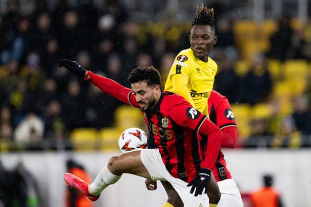 250123 Mohamed Abdelmonem of Nice and Jalal Abdullai of Elfsborg during the Europa League football match between Elfsborg and Nice on January 23, 2025 in Boras Photo Jörgen Jarnberger BILDBYRAN COP 112 JJ0433 fotboll football soccer fotball uefa europa league europa league elfsborg nice bbeng  Copyright: JÖRGENxJARNBERGER BB250123JJ026