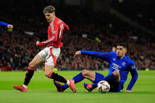 Manchester United, ManU v Rangers Europa League 23 01 2025. Alejandro Garnacho (17) of Manchester United loses the ball to Leon Balogun (27) of Rangers during the Europa League match between Manchester United and Rangers at Old Trafford, Manchester, England on 23 January 2025. Manchester Old Trafford Greater Manchester England Editorial use only , Copyright: xConorxMolloyx PSI-21295-0036