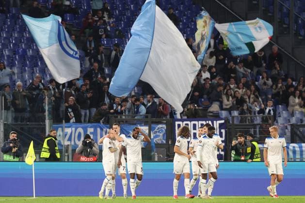 Rome, Italy 23.01.2025: Mattia Zaccagni of Lazio score the goal and celebrate with the team during the Uefa Europa League 2024-2025, day 7, football match between SS Lazio vs Real Sociedad de Futbol at Olympic Stadium in Rome.  Copyright: xMarcoxIacobucci IPAxSportx xipa-agency.netx xx IPA_53255439 IPA_Agency_IPA53255439