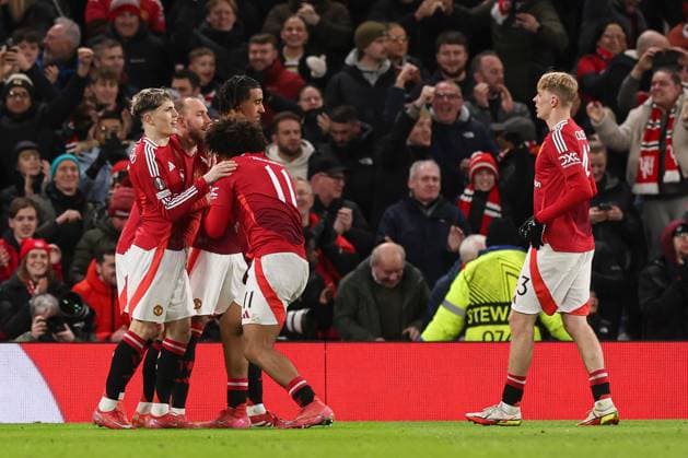 Manchester United, ManU celebrate the own goal scored by Jack Butland of Rangers Manchester United v Rangers, UEFA Europa League, Group Stage, Football, Old Trafford, Manchester, UK - 23 Jan 2025 EDITORIAL USE ONLY No use with unauthorised audio, video, data, fixture lists, club league logos or live services. Online in-match use limited to 120 images, no video emulation. No use in betting, games or single club league player publications. Copyright: xPaulxCurrie Shutterstockx 15108899cn