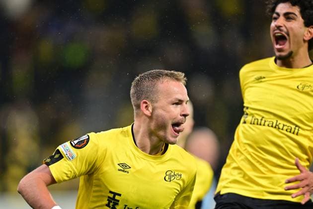 BORAS, SWEDEN 20250123 Elfsborgs Gustav Henriksson celebrates his 1-0 goal, with Ahmed Qasem in the background, during Thursdays Uefa Europa League first leg match between IF Elfsborg and OGC Nice at Boras arena BORAS SWEDEN x9200x  Copyright: xBjörnxLarssonxRosvall TTx UEFA EUROPA LEAGUE ELFSBORG-NICE