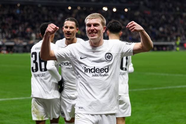 Goal celebration of Rasmus Kristensen 13 Eintracht Frankfurt to 2 0, Eintracht Frankfurt vs Ferencvaros TC, Soccer, Europa League, Matchday 7, 23 01 2025 Frankfurt am Main Hessen Germany Copyright: xkolbert-press MartinxAgüerax