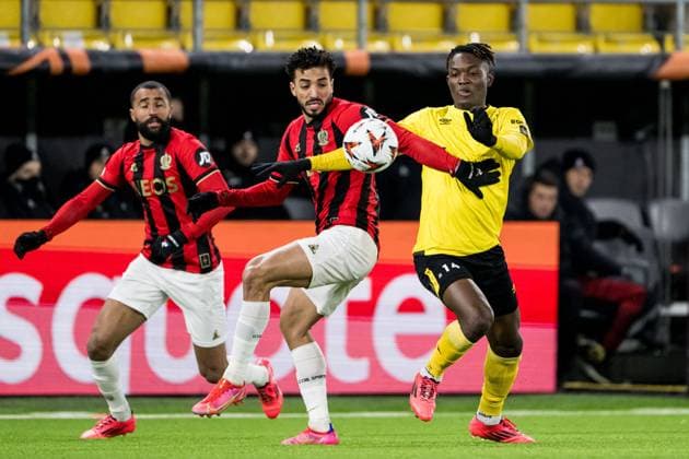250123 Mohamed Abdelmonem of Nice and Jalal Abdullai of Elfsborg during the Europa League football match between Elfsborg and Nice on January 23, 2025 in Boras Photo Jörgen Jarnberger BILDBYRAN COP 112 JJ0433 fotboll football soccer fotball uefa europa league europa league elfsborg nice bbeng  Copyright: JÖRGENxJARNBERGER BB250123JJ054