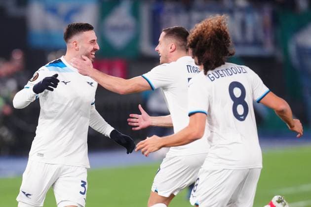 ROME, ITALY - JANUARY 23: Mario Gila of SS Lazio celebrates during the Europa League match between SS Lazio and Real Sociedad at Stadio Olimpico on January 23, 2025 in Rome, Italy Copyright: xFOTOAGENZIAx