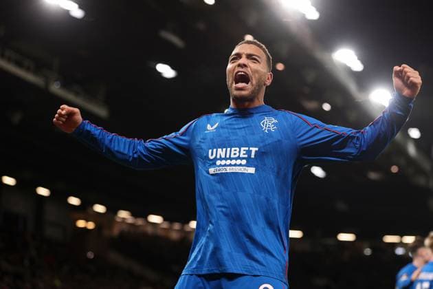 Cyriel Dessers of Rangers celebrates scoring a goal for their side to make it 1-1 Manchester United, ManU v Rangers, UEFA Europa League, Group Stage, Football, Old Trafford, Manchester, UK - 23 Jan 2025 EDITORIAL USE ONLY No use with unauthorised audio, video, data, fixture lists, club league logos or live services. Online in-match use limited to 120 images, no video emulation. No use in betting, games or single club league player publications. Copyright: xPaulxCurrie Shutterstockx 15108899ei