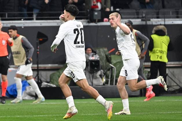 Soccer UEFA Europa League matchday 7 Eintracht Frankfurt Ferencvaros Budapest on 23 01 2025 at Deutsche Bank Park in Frankfurt Goal celebration for 1 0 by Can Uzun Frankfurt xJKx