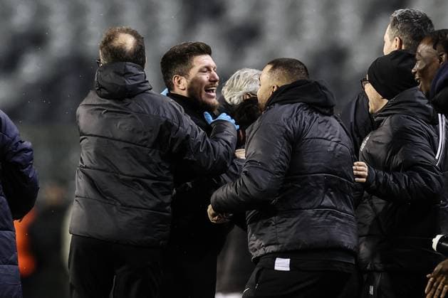 Union s head coach Sebastien Pocognoli celebrates after a soccer game between Belgian soccer team Royale Union Saint-Gilloise and Portugese Braga, on Thursday 23 January 2025 in Brussels, on day 7 8 of the League phase of the UEFA Europa League tournament. BRUNOxFAHY  x111022674x