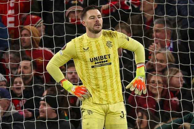 Jack Butland of Rangers shows a look of dejection after the second goal Manchester United, ManU v Rangers, UEFA Europa League, Group Stage, Football, Old Trafford, Manchester, UK - 23 Jan 2025 EDITORIAL USE ONLY No use with unauthorised audio, video, data, fixture lists, club league logos or live services. Online in-match use limited to 120 images, no video emulation. No use in betting, games or single club league player publications. Copyright: xPaulxCurrie Shutterstockx 15108899fa
