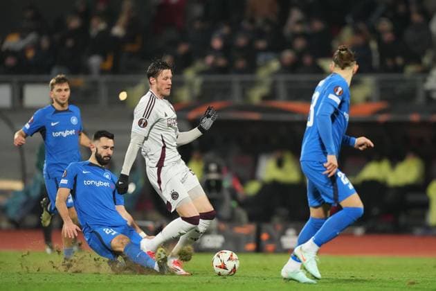 RIGA, 23-01-2025 , Daugava Stadium , football, UEFA Europa League, season 2024 2025, Match between RFS and Ajax. Ajax player Wout Weghorst and RFS player Stefan Panic RFS - Ajax  x27529591x Copyright: