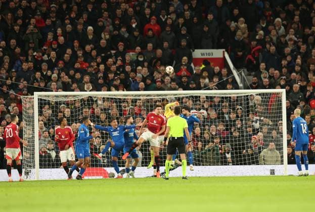 Rangers goalkeeper Jack Butland punches the ball into his goal during the Europa League group phase match at Old Trafford, Manchester. Manchester United, ManU v Rangers, UEFA Europa League, Group Stage, Football, Old Trafford, Manchester, UK - 23 Jan 2025 EDITORIAL USE ONLY No use with unauthorised audio, video, data, fixture lists, club league logos or live services. Online in-match use limited to 120 images, no video emulation. No use in betting, games or single club league player publications. Copyright: xRangersxFC Shutterstockx 15111693hd