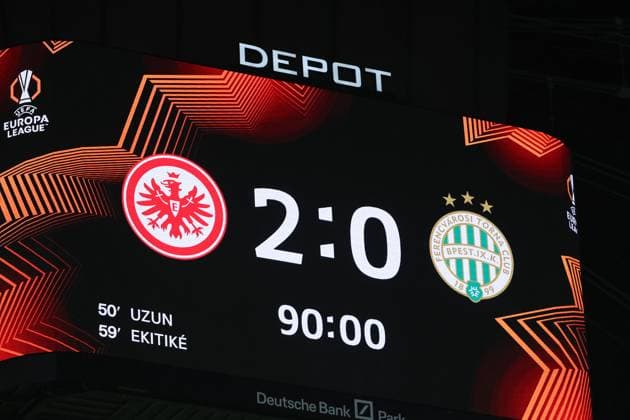 UEFA Europa League Eintracht Frankfurt Ferencvaros Budapest on 23 01 2025 at Deutsche Bank Park in Frankfurt Scoreboard Video screen with the official final score 2 to 0 MH