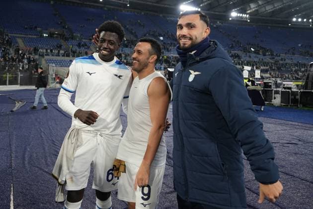 Mahamadou Balde, Pedro Eliezer Rodriguez Ledesma, Valentin Mariano Jose Castellanos Gimenez Taty of SS Lazio at the end of the Europa League football match between SS Lazio and Real Sociedad at Olimpico stadium in Rome (Italy), January 23, 2025. AntoniettaxBaldassarre