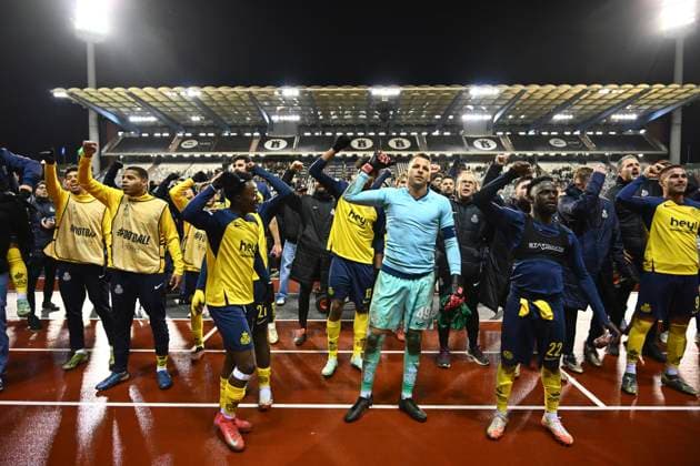 Royale Union Saint-Gilloise v Braga - UEFA Europa League BRUSSELS, BELGIUM - JANUARY 23 : players of Union SG celebrate the victory after the UEFA Europa League 2024 25 League Phase MD7 match between Royale Union Saint-Gilloise and Braga on January 23, 2025 in Brussels, Belgium, 23 01 2025 Brussels Belgium  Copyright: xVincentxKalutx