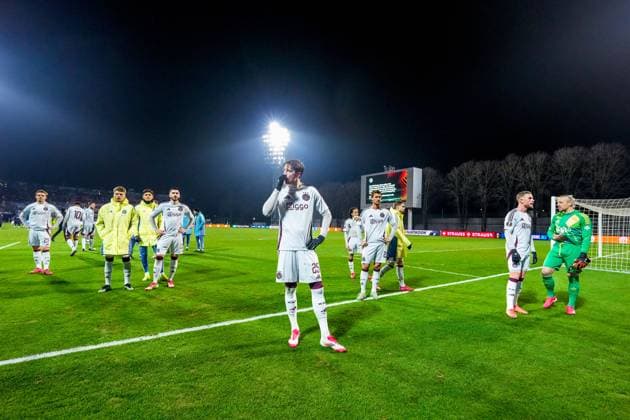RIGA, 23-01-2025 , Daugava Stadium , football, UEFA Europa League, season 2024 2025, Match between RFS and Ajax , Ajax players dejected after lose the match and goes to the away stand with Ajax fans RFS - Ajax  x27529771x Copyright: