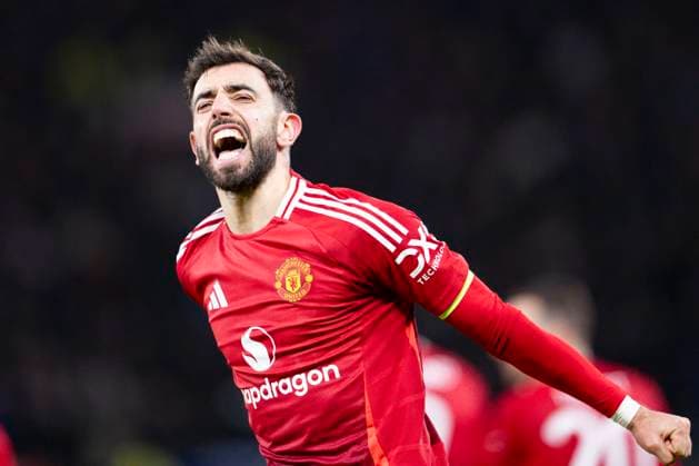 Old Trafford MANCHESTER, ENGLAND - JANUARY 23: Bruno Fernandes of Manchester Utd. celebrates his goal during the UEFA Europa League 2024 25 League Phase MD7 match between Manchester United, ManU FC and Rangers FC at Old Trafford on January 23, 2025 in Manchester, England. (Richard Callis SPP) Copyright: xRichardxCallisx xSPPx spp-en-RiCa-RC5_Manchester_Rangers_23Jan2025_EN086